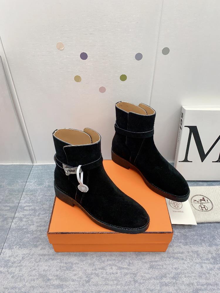 Factory 460 higher versionHermes Hermes 2021 New Thick Sole Kelly Buckle Short Boots Classic and Versatile for Ten Thousand YearsFabric Italian impo