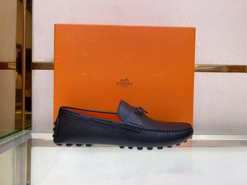 Original Single Quality Counter New Hermes Pure Handmade Driving Mens Shoes Bean Shoes