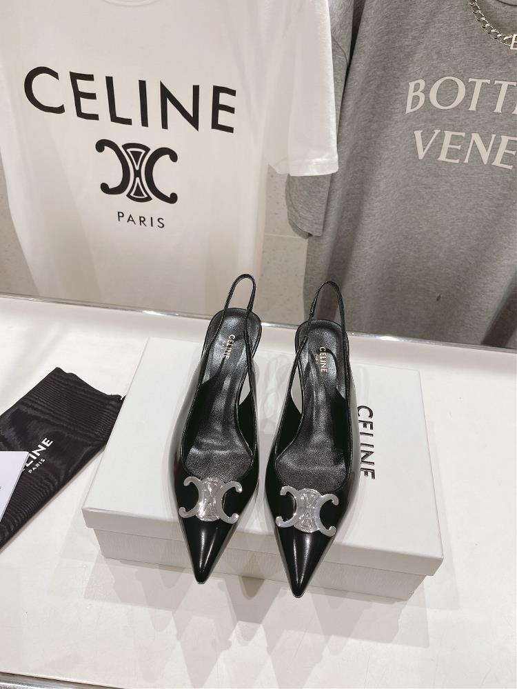 High version factory Celine 24ss Early Springs Most Beautiful Black Silver Pointed Kitten Heels High HeelsSilins iconic hardware buckle is highend