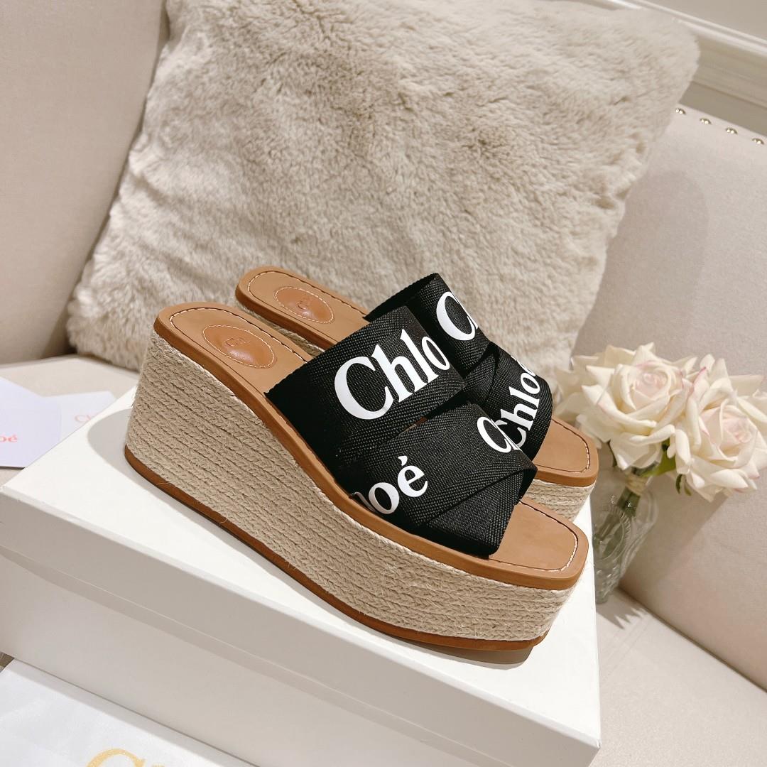 Womens shoes and clothing chloe Fabric Golden Classic Embroidered LOGO Slippers Fabric denimInner s