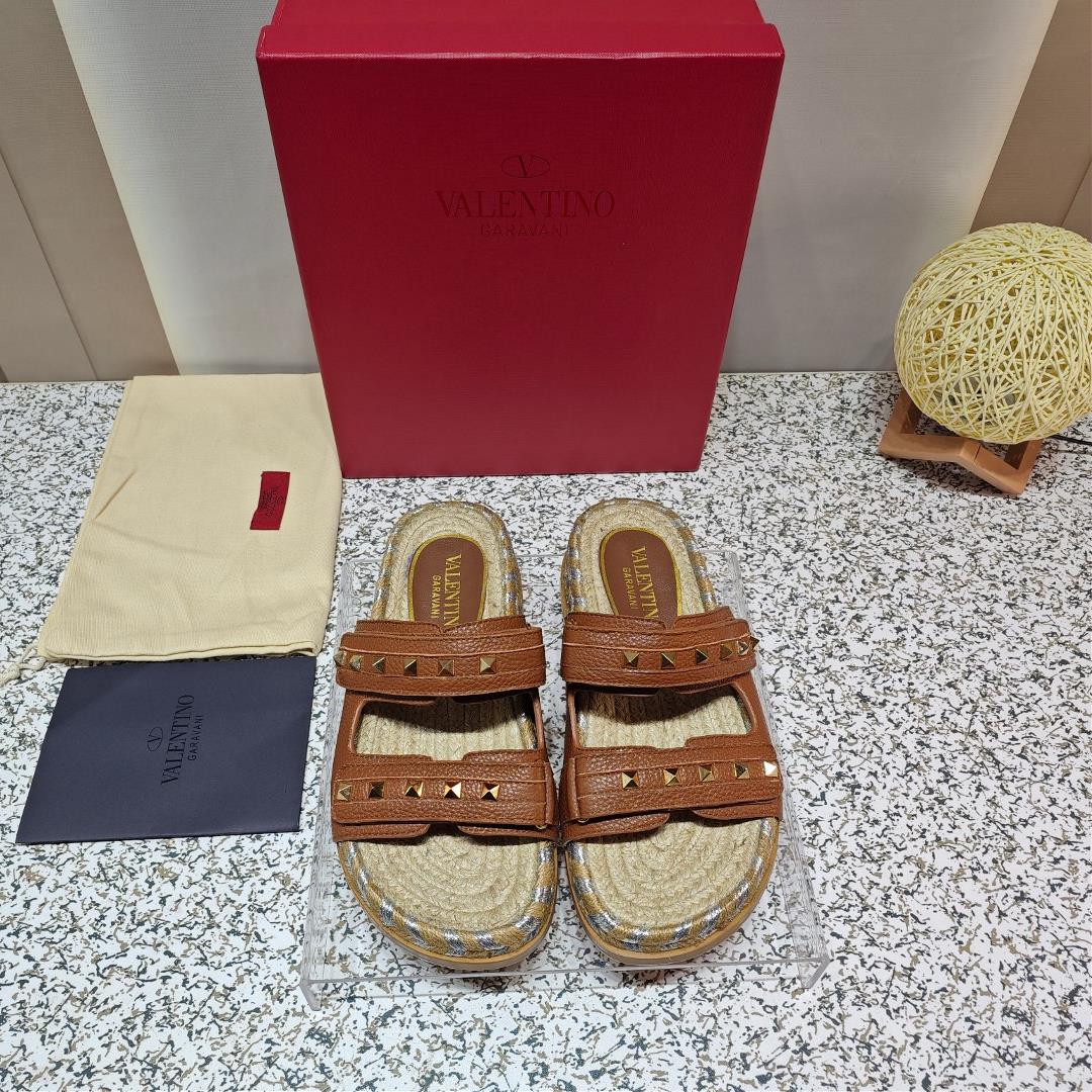 Original copy Valentino Valentino fishermans shoes hemp rope bottom slippers 2023 latest metal lo