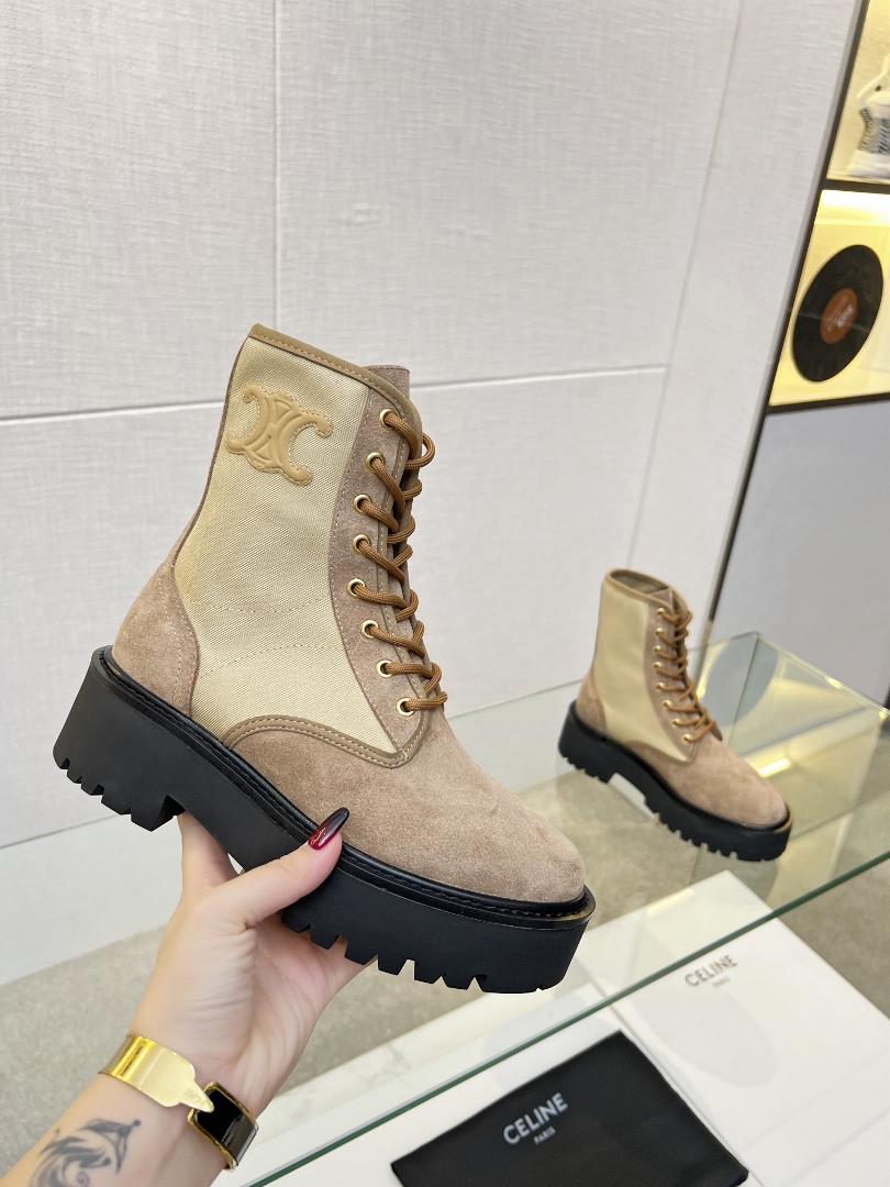 Womens shoes and clothingCeline 23ss new product top layer cowhide half boots with lace up boots