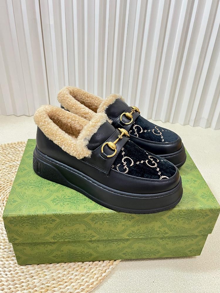 Factory top qualityGucci Winter New Nu Sheep Leather and Wool Integrated Snow Boots Wool Shoes Jacquard Fabric Logo Cowhide Imported Wool Inner L