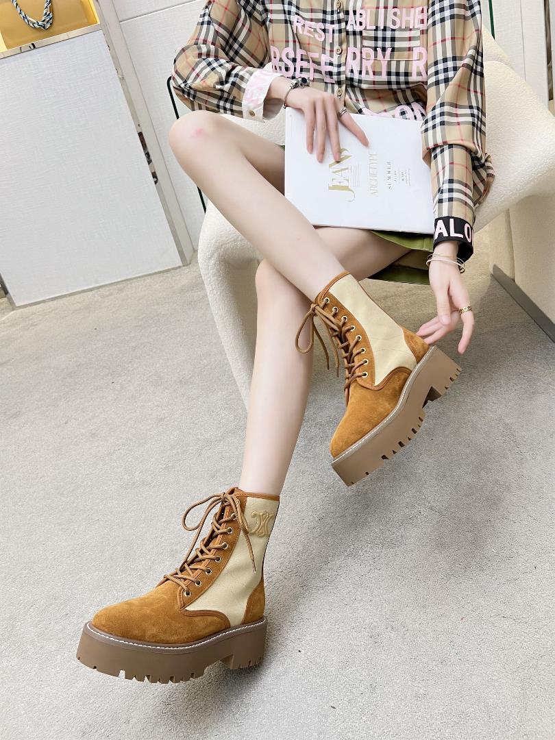 Womens shoes and clothingCeline 23ss new product top layer cowhide half boots with lace