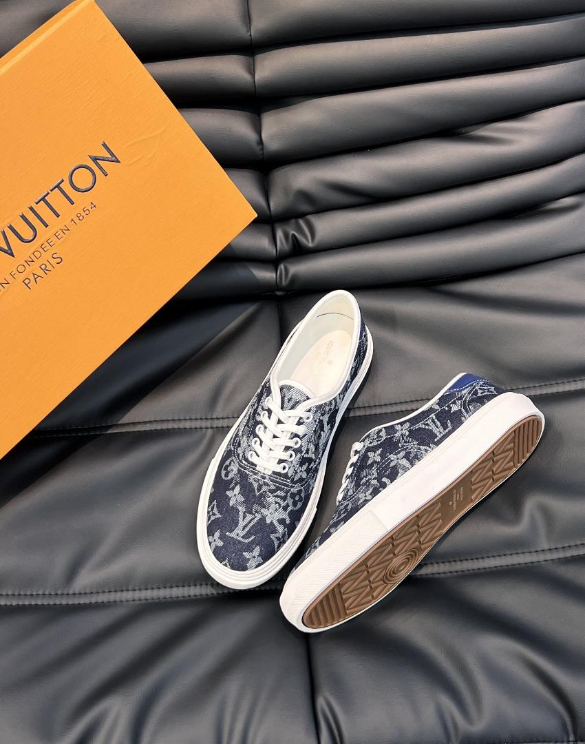 L V Ollie mens casual lace up board shoes with a Monogram printed denim fabric upper and calf 