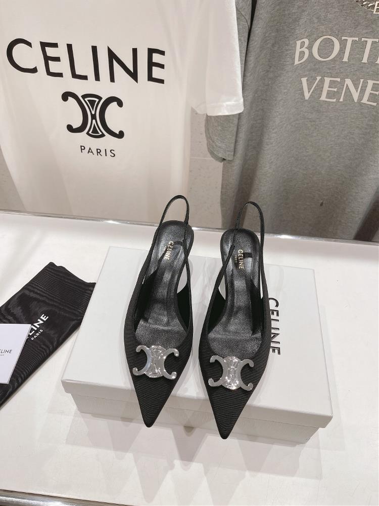 High version factory 320Celine 24ss Early Springs Most Beautiful Black Silver Pointed Kitten Heels High Heels Silins iconic hardware buckle is high