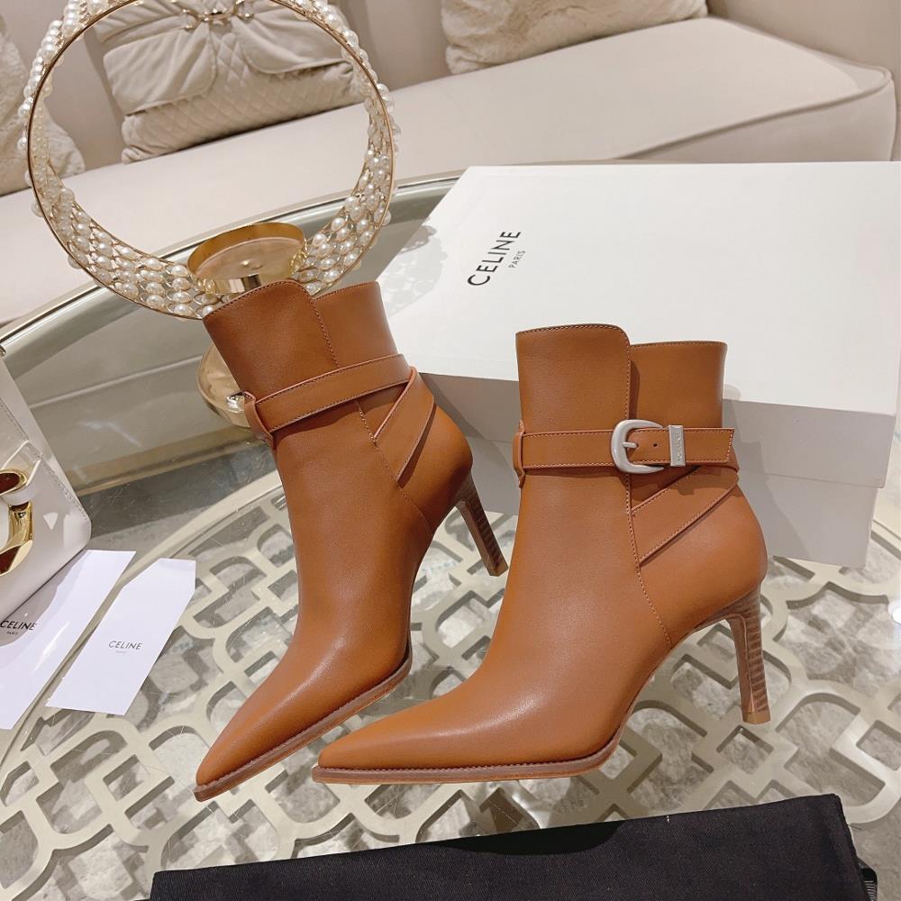 Celine AutumnWinter New Simple Pointed Toe High Heel Short Boots Vintage Simple and Fas