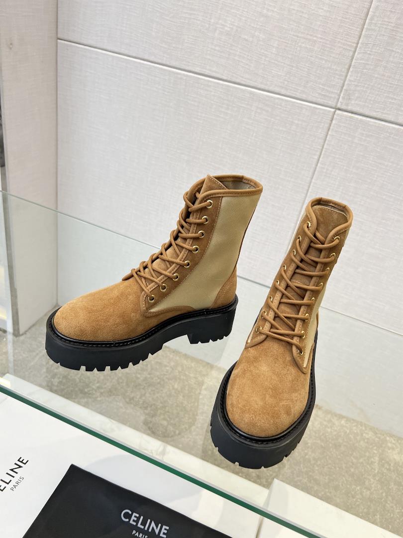 Womens shoes and clothing Celine 23ss new product top layer cowhide half boots with lace up boots
