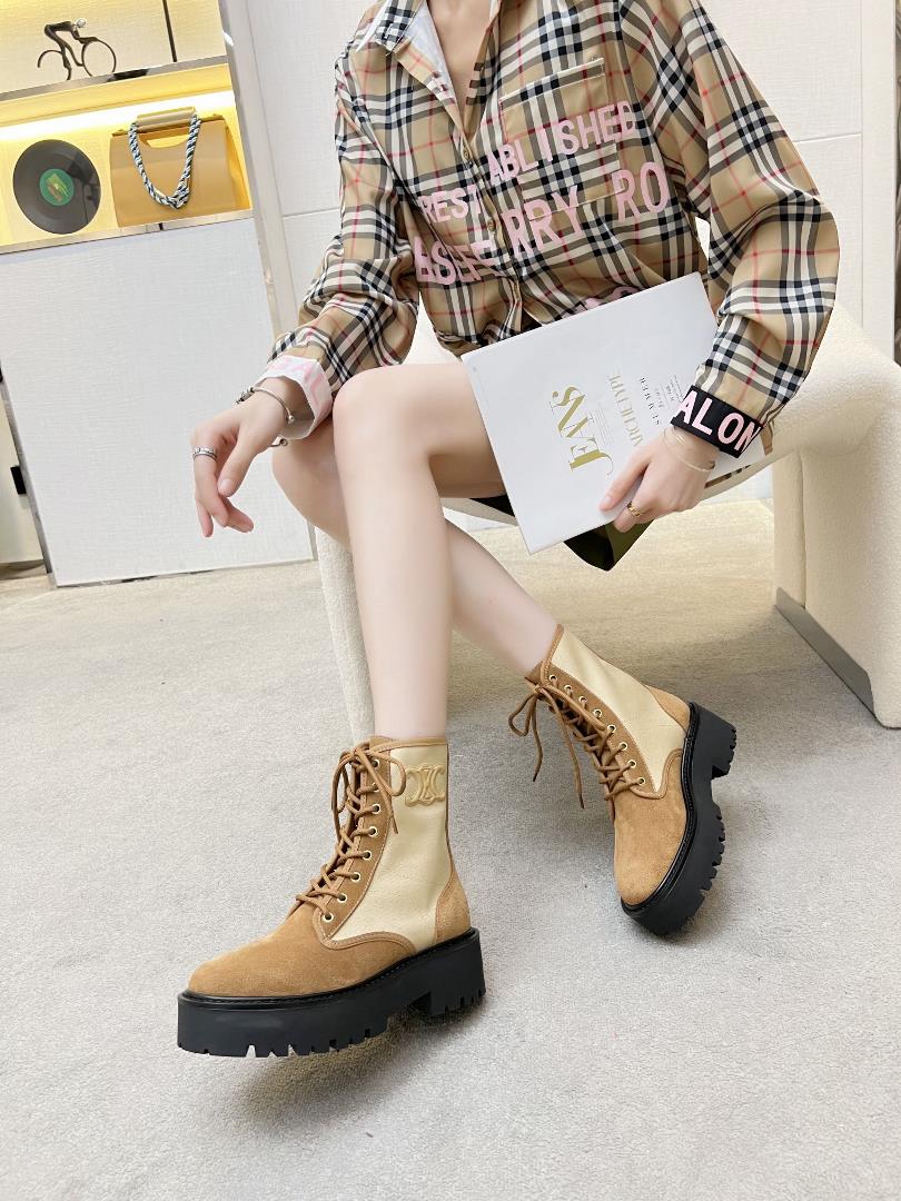 Womens shoes and clothing Celine 23ss new product top layer cowhide half boots with lace